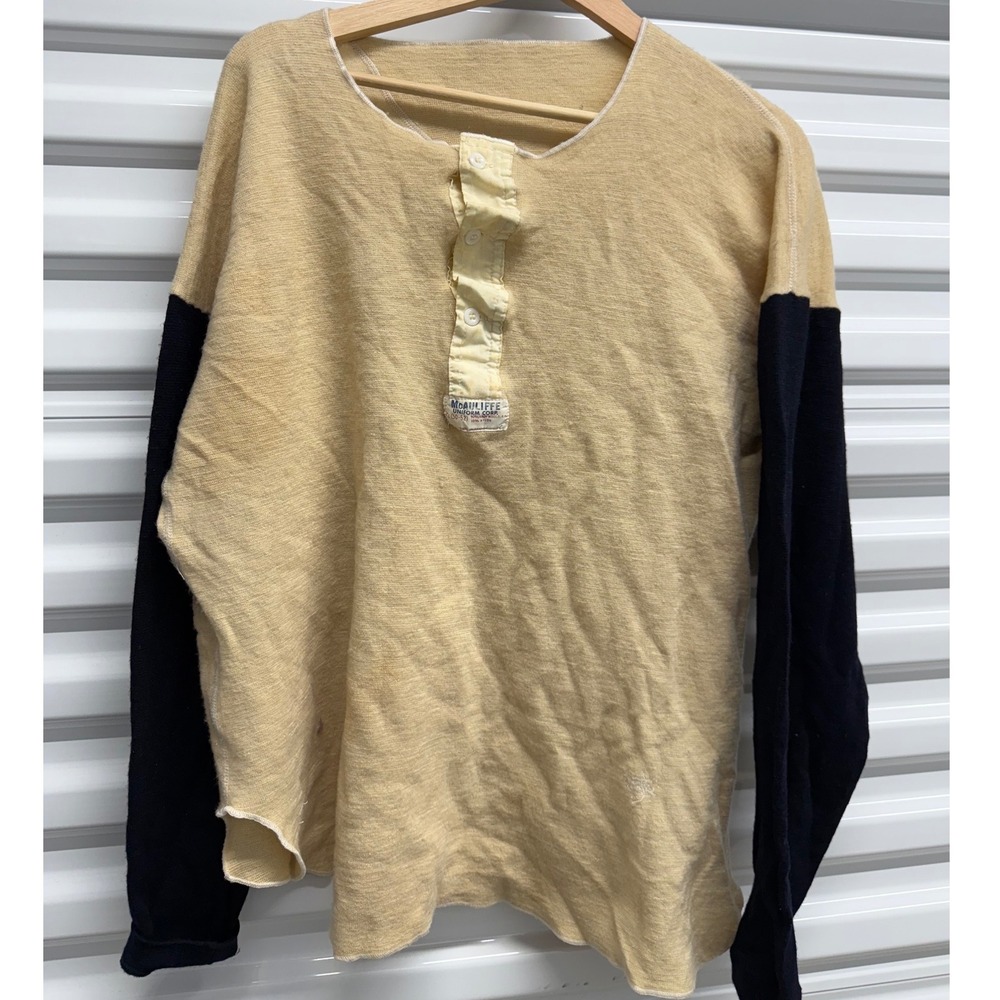 Vintage McAuliffe Uniform Corp 1950's Wool Henley Sweater Large Tan Made Canada